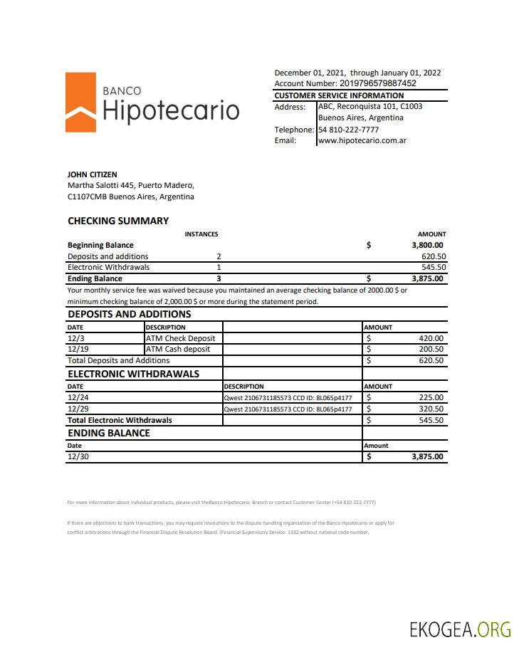 Argentine Banco Hipotecario relevé bancaire xls